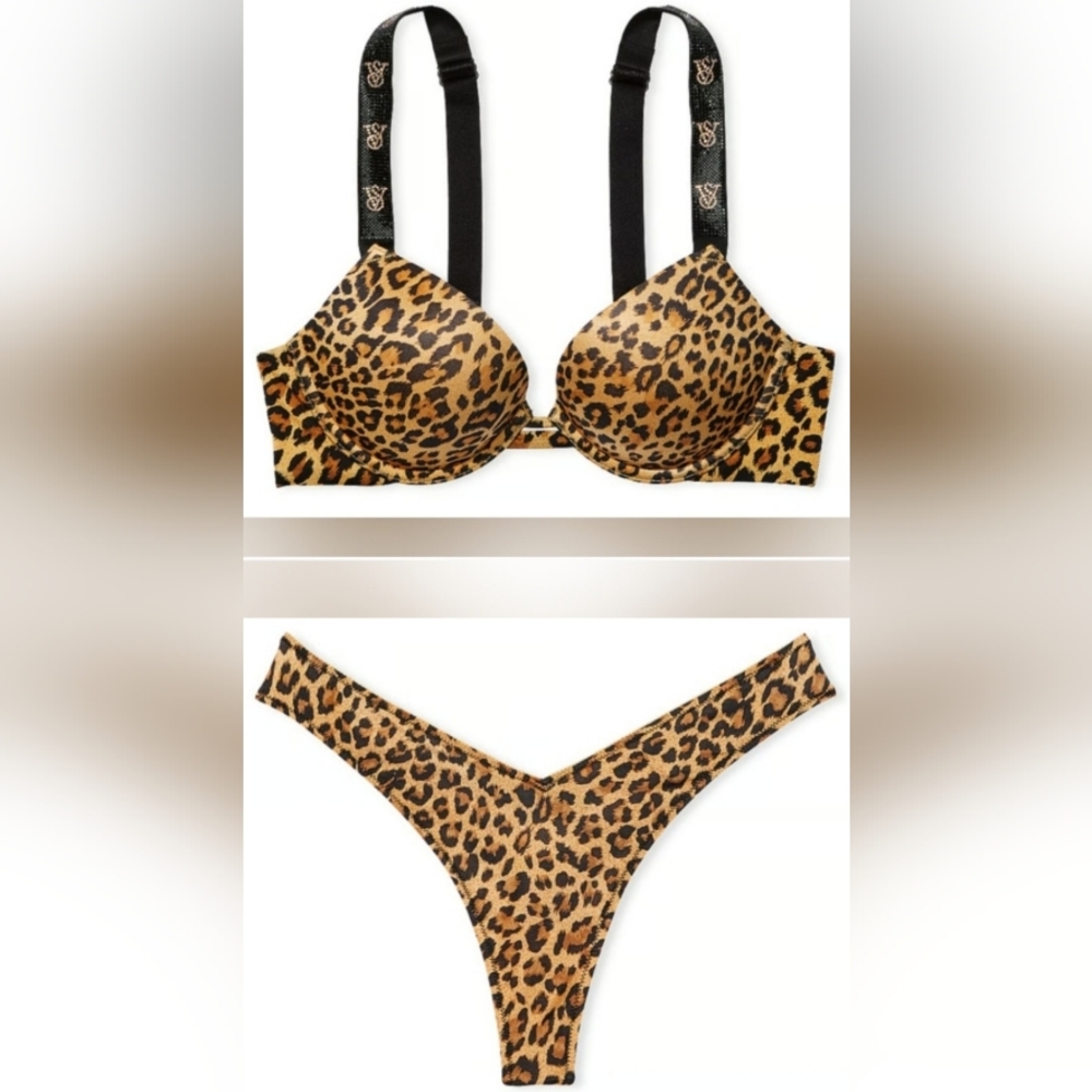 32DDD/XS VS Shine Strap PushUp Bra Strappy Back High Leg Thong Panty Set Leopard